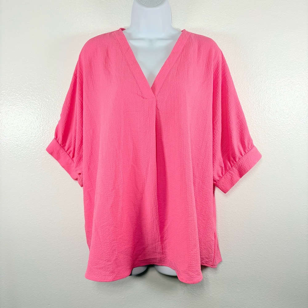 NWT ANDREE BY UNIT Bright Hot Pink V-Neck Dolman Short Sleeve Blouse SzM